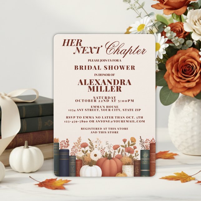 Her Next Chapter Fall Pumpkin Book Theme Bridal Invitation (Her Next Chapter Fall Book Themed Bridal Shower)
