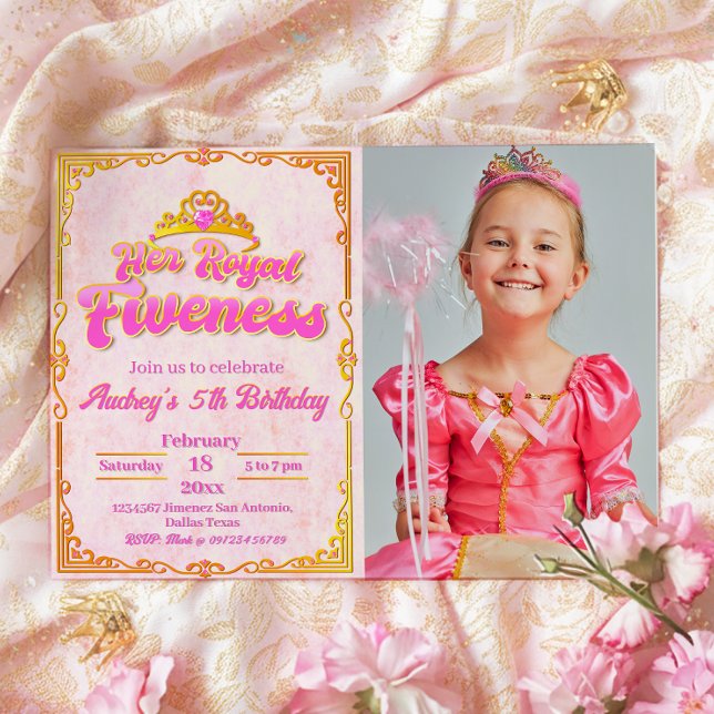 Her Royal Fiveness - Girl 5th Birthday Invitation (Her Royal Fiveness - Princess Girl 5th Birthday Landscape Invitation with Photo)