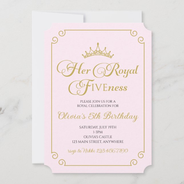 Her Royal Fiveness Gold Princess 5th Birthday Invitation (Front)
