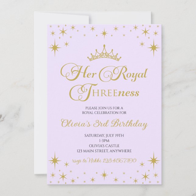 Her Royal Threeness Gold Princess 3rd Birthday Invitation (Front)