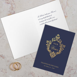 Her Vows Navy Blue Faux Gold Crest Elegant Wedding Card