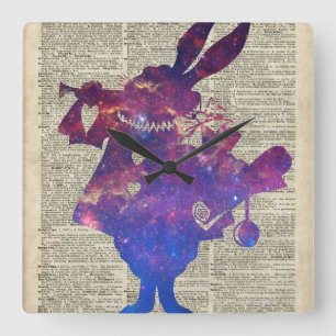 Herald Purple Rabbit Stencil Over Old Book Page Square Wall Clock