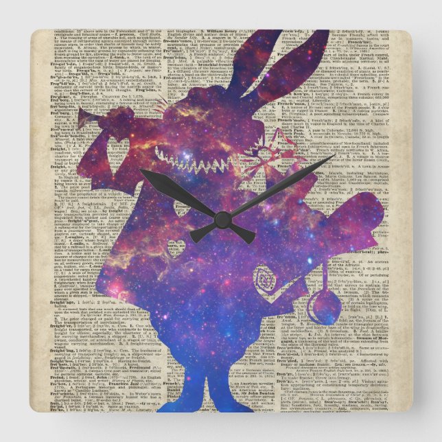 Herald Purple Rabbit Stencil Over Old Book Page Square Wall Clock (Front)