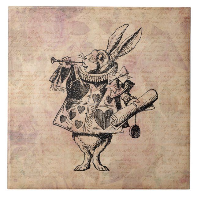 Herald White Rabbit Alice in Wonderland Floral Ceramic Tile (Front)