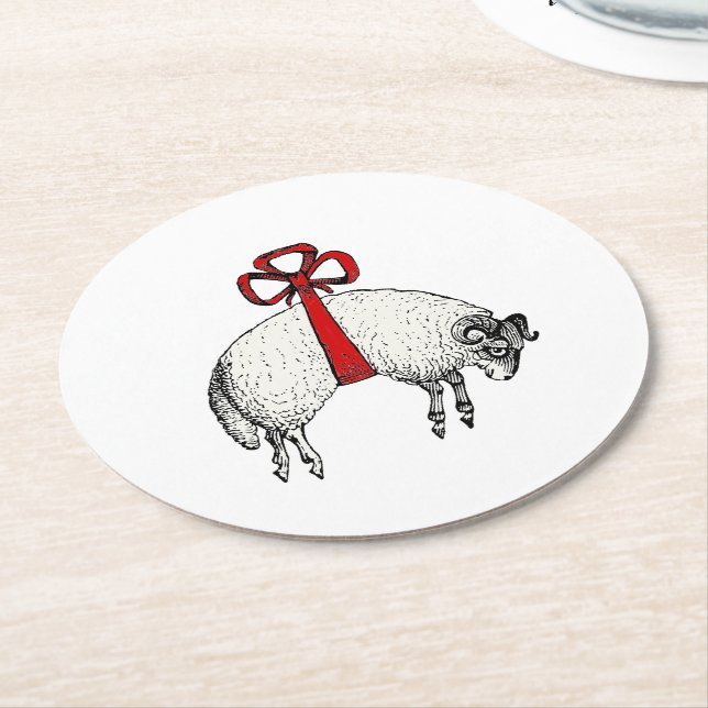 Heraldic Banded Fleece Ram Sheep Crest Emblem Round Paper Coaster (Angled)