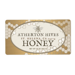 Heraldic Bee Ivory and Gold Rectangle Honey Label 