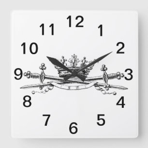 Heraldic Crown Crossed Swords Sabres Emblem Crest Square Wall Clock