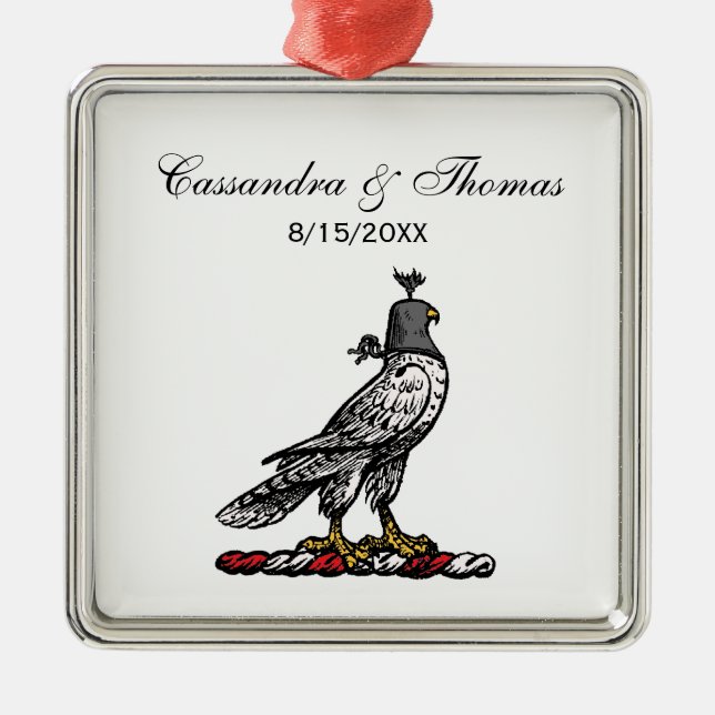 Heraldic Hunting Falcon Wearing Helmet Hood C Metal Ornament (Front)