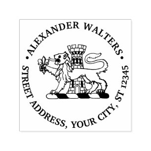 Heraldic Lion Fleur de Lis Castle Round Address Self-inking Stamp