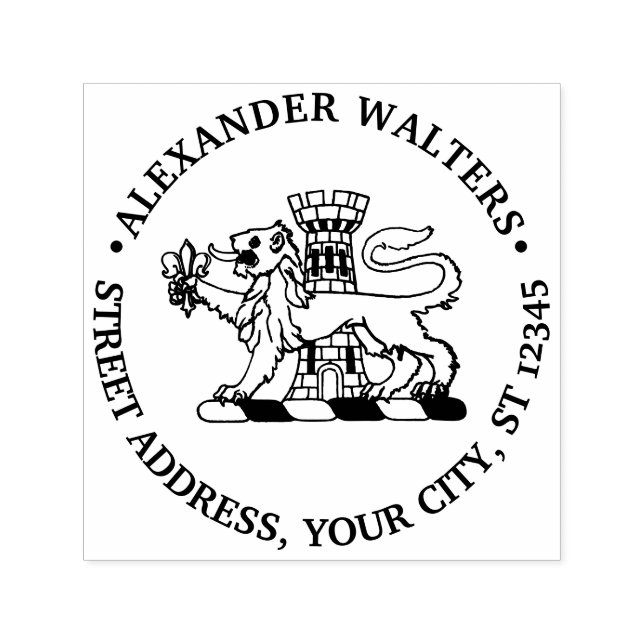 Heraldic Lion Fleur de Lis Castle Round Address Self-inking Stamp (Design)