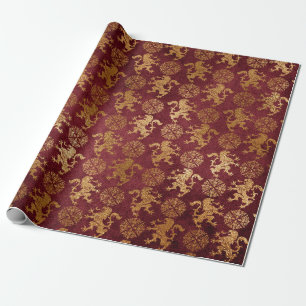 Heraldic Lion Royal Golden Red Velvet Wrapping Paper