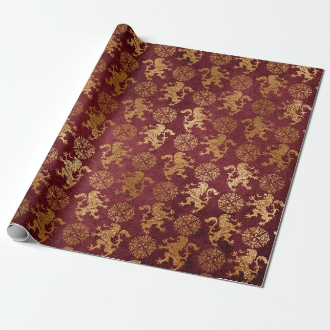 Heraldic Lion Royal Golden Red Velvet Wrapping Paper (Unrolled)