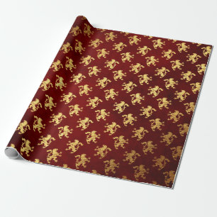 Heraldic Lion Royal Golden Red Velvet Wrapping Paper