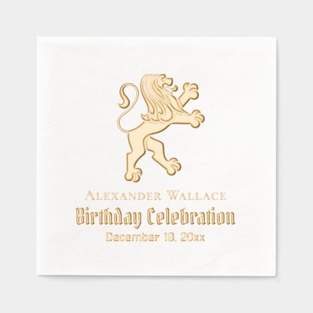 Heraldic Lion Standing Birthday Party Name Date Foil Napkins (Front)