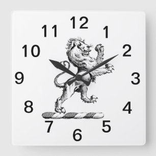 Heraldic Lion Standing Crest Emblem Square Wall Clock