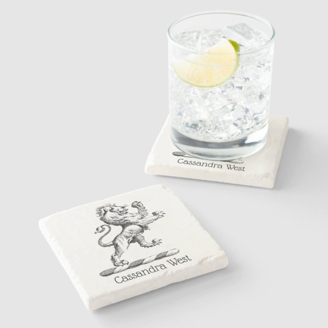 Heraldic Lion Standing Crest Emblem Stone Coaster (Side)