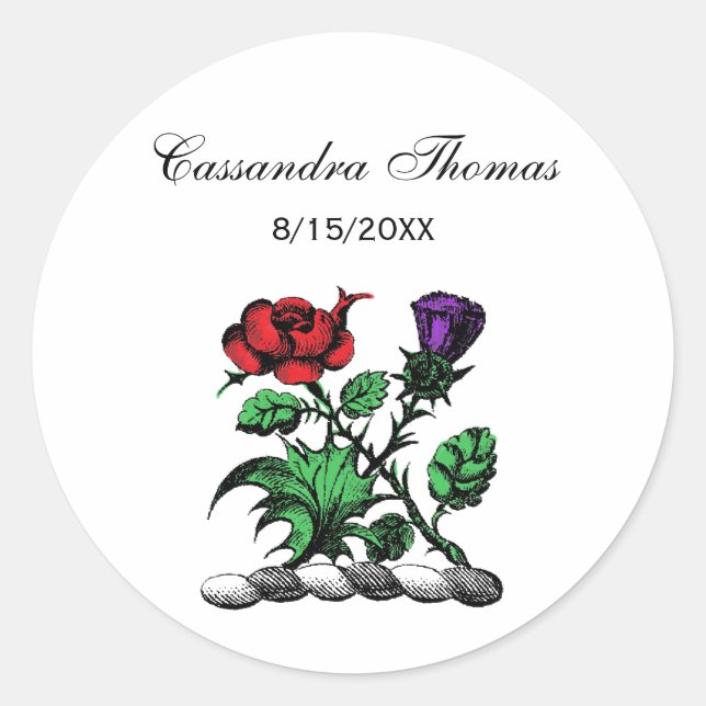Heraldic Rose & Thistle Coat of Arms Crest Colour Classic Round Sticker (Front)