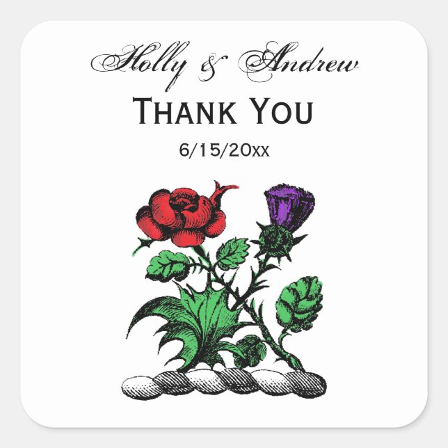 Heraldic Rose & Thistle Coat of Arms Crest Colour Square Sticker (Front)