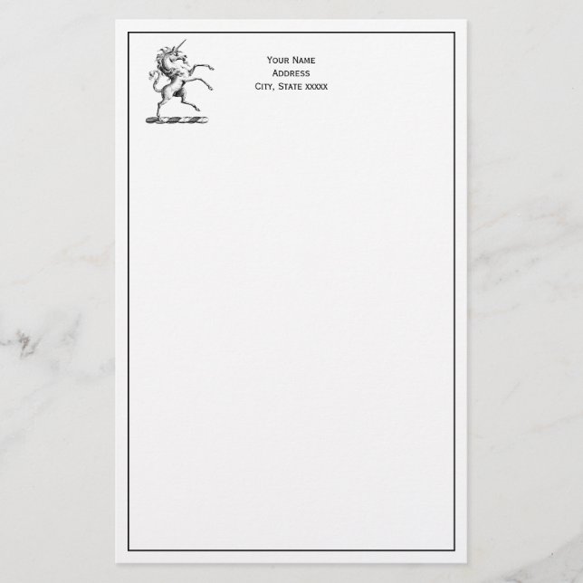Heraldic Unicorn Rearing Coat of Arms Emblem Stationery (Front)