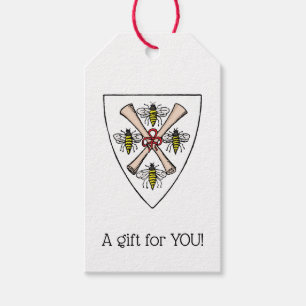 Heraldic Vintage 4 Bees Scrolls on Shield Crest Wt Gift Tags