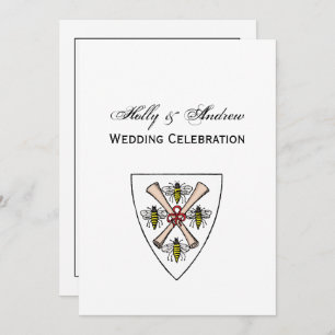 Heraldic Vintage 4 Bees Scrolls on Shield Crest Wt Invitation
