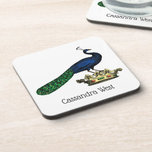 Heraldic Vintage Stylised Peacock on Crown C Coaster