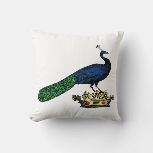 Heraldic Vintage Stylised Peacock on Crown C Cushion (Front)