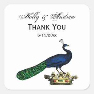 Heraldic Vintage Stylised Peacock on Crown C Square Sticker
