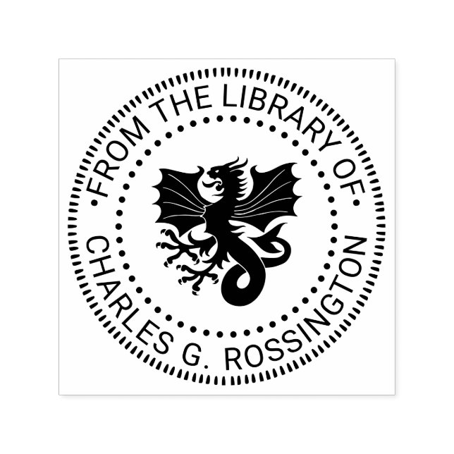 Heraldic Wyvern Dragon Round Library Book Name Self-inking Stamp (Design)