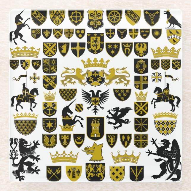 Heraldry crests, symbolic designs. glass coaster (Front)