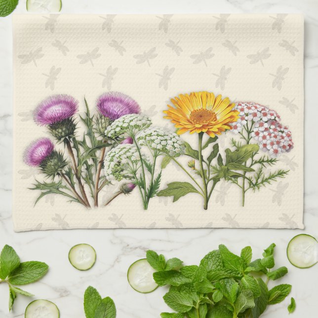 Herb Borders and Dragonflies  Tea Towel (Folded)