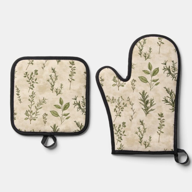 Herb Garden Oven Mitt and Pot Holder Set (Front)