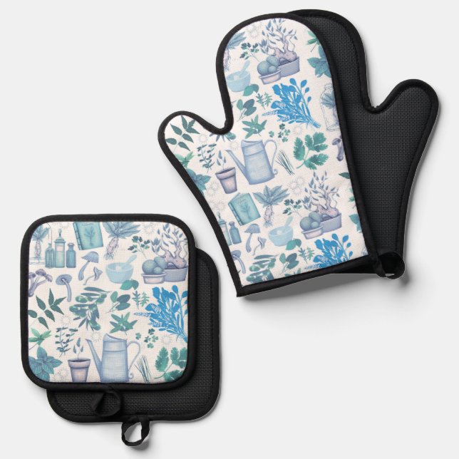 Herb Toile Oven Mitt & Pot Holder Set (Front/Back)