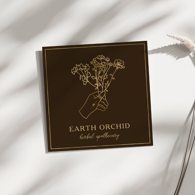 Herbal + Floral Apothecary Gold & Brown Square Business Card (Creator Uploaded)