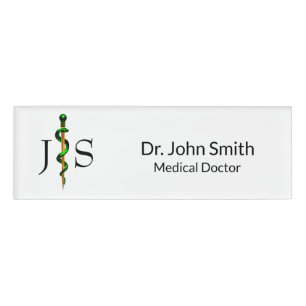 Herbal Gold Green Rod of Asclepius Medical Name Tag