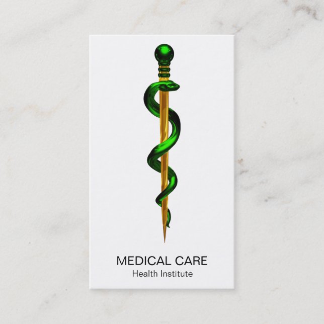 Herbal Green Gold Rod of Asclepius Medical Business Card (Front)