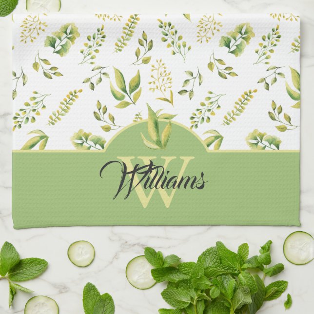 Herbal Green Greenery Pattern Monogram on White Tea Towel (Folded)