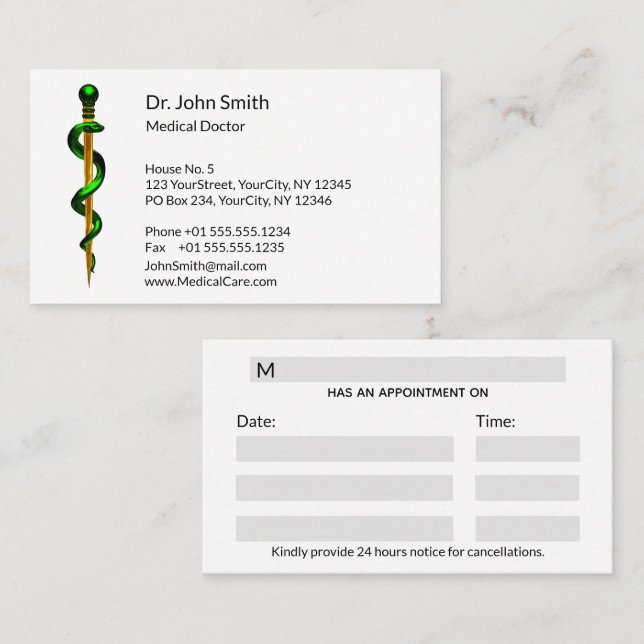 Herbal Green Rod of Asclepius Gold Medical Appointment Card (Front/Back)