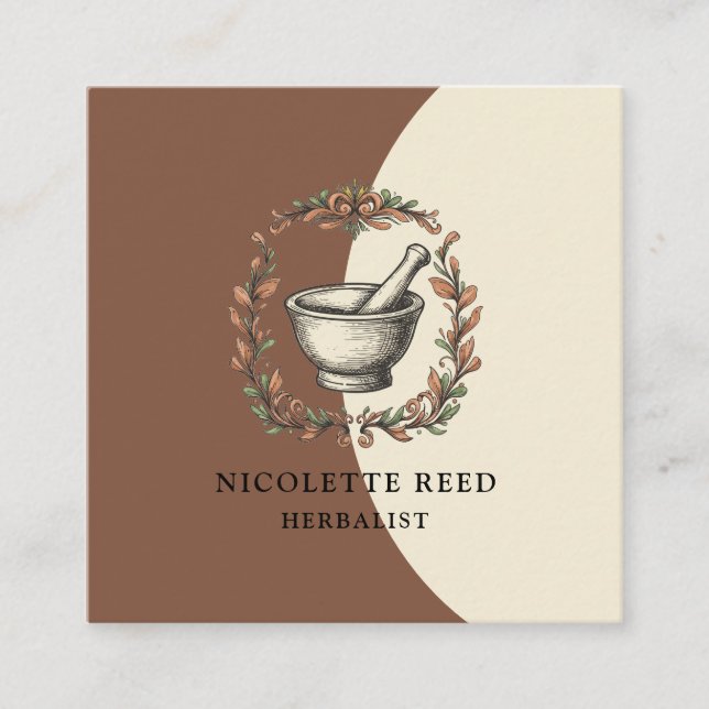 Herbalist Illustrated Mortar Pestle Leafy Vines Square Business Card (Front)