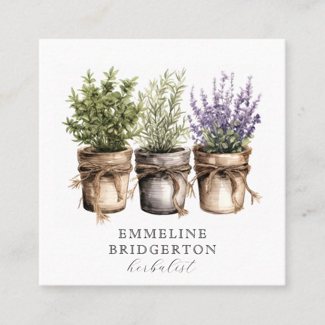 Herbalist Plants Watercolor  Square Business Card (Front)