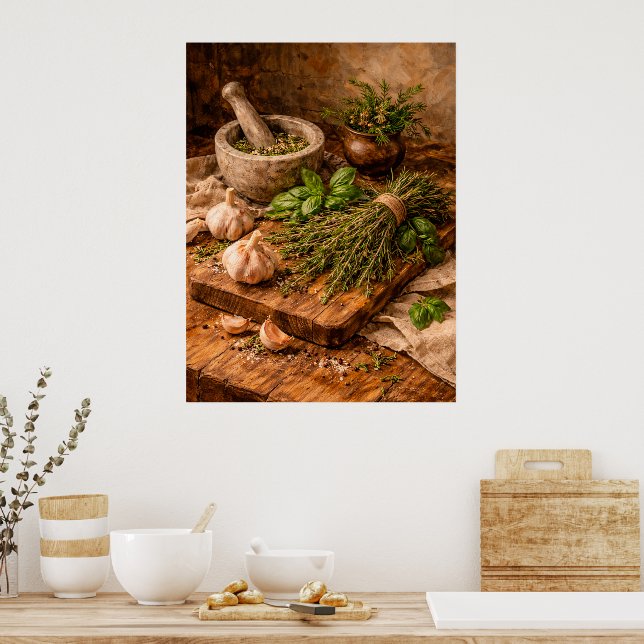 Herbs and Garlic Still Life a Rustic Culinary Poster (Kitchen)