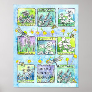 Herbs Garden Dragonflies Honey Bees Kitchen Art Poster