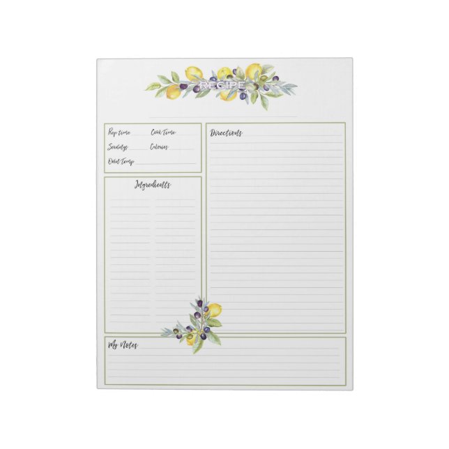 Herbs Lemons Botanical Recipe Organiser Pages Notepad (Rotated)