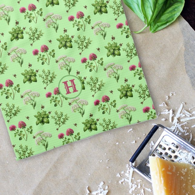 Herbs n Bees Pink Green Monogram Initial Tea Towel (Creator Uploaded)