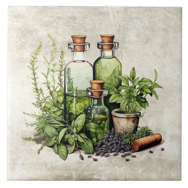 Herbs Oil Vinegar Bottles Rustic Ceramic Tile (Front)