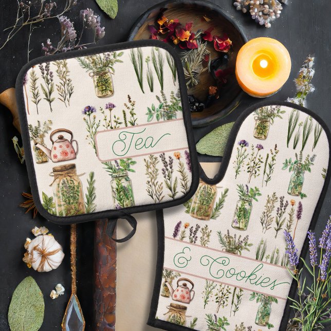 Herbs Pattern Tea and Cookies Oven Mitt & Pot Holder Set (Creator Uploaded)