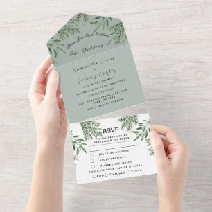 Herbs Watercolor Greenery Sage Green Thyme Wedding All In One Invitation