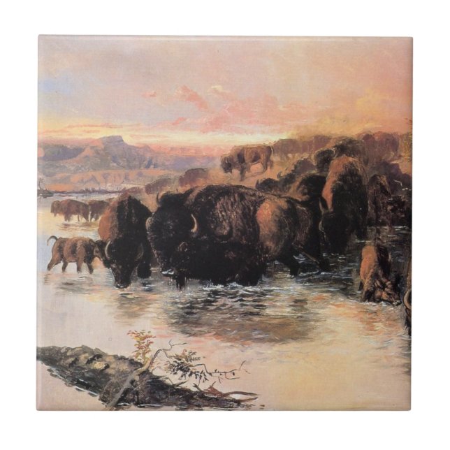 Herd of Buffalo (by Charles M. Russell) Ceramic Tile (Front)