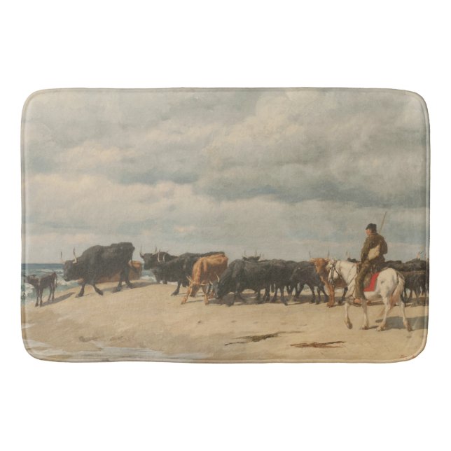 Herd of Cattle Beside the Sea (by Eugène Burnand) Bath Mat (Front)