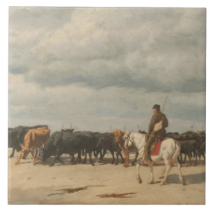 Herd of Cattle Beside the Sea (by Eugène Burnand) Ceramic Tile